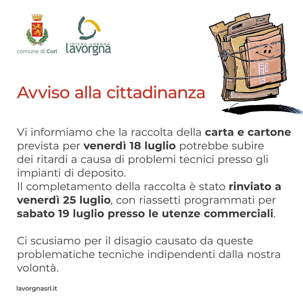 [CORI] Avviso variazione della raccolta di carta e cartone prevista per il 18 luglio 2025