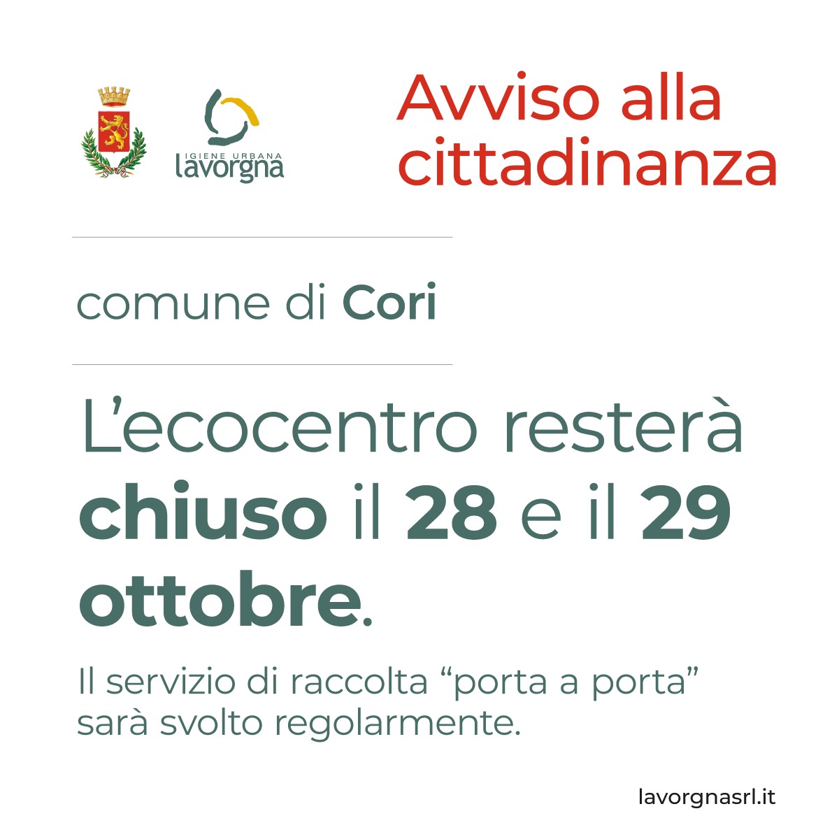 [CORI] Chiusura ecocentro il 28 e 29 ottobre 2025