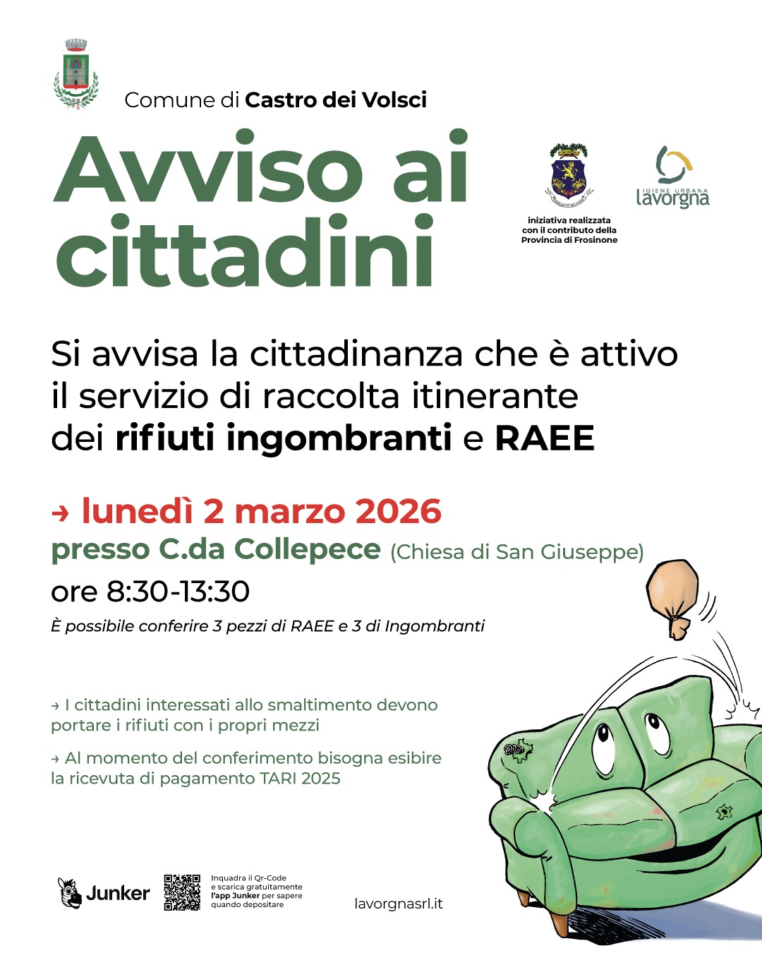[CASTRO DEI VOLSCI] Servizio di raccolta itinerante dei rifiuti ingombranti e RAEE – 2 marzo