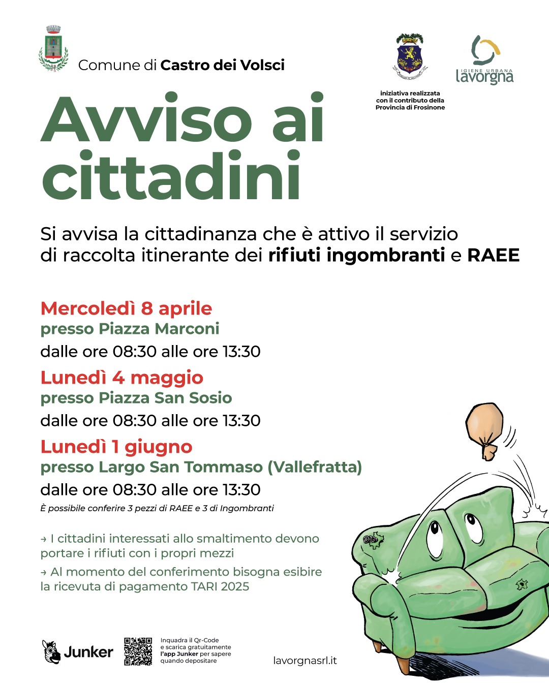 [CASTRO DEI VOLSCI] Servizio di raccolta itinerante dei rifiuti ingombranti e RAEE – Aprile / Giugno 2026