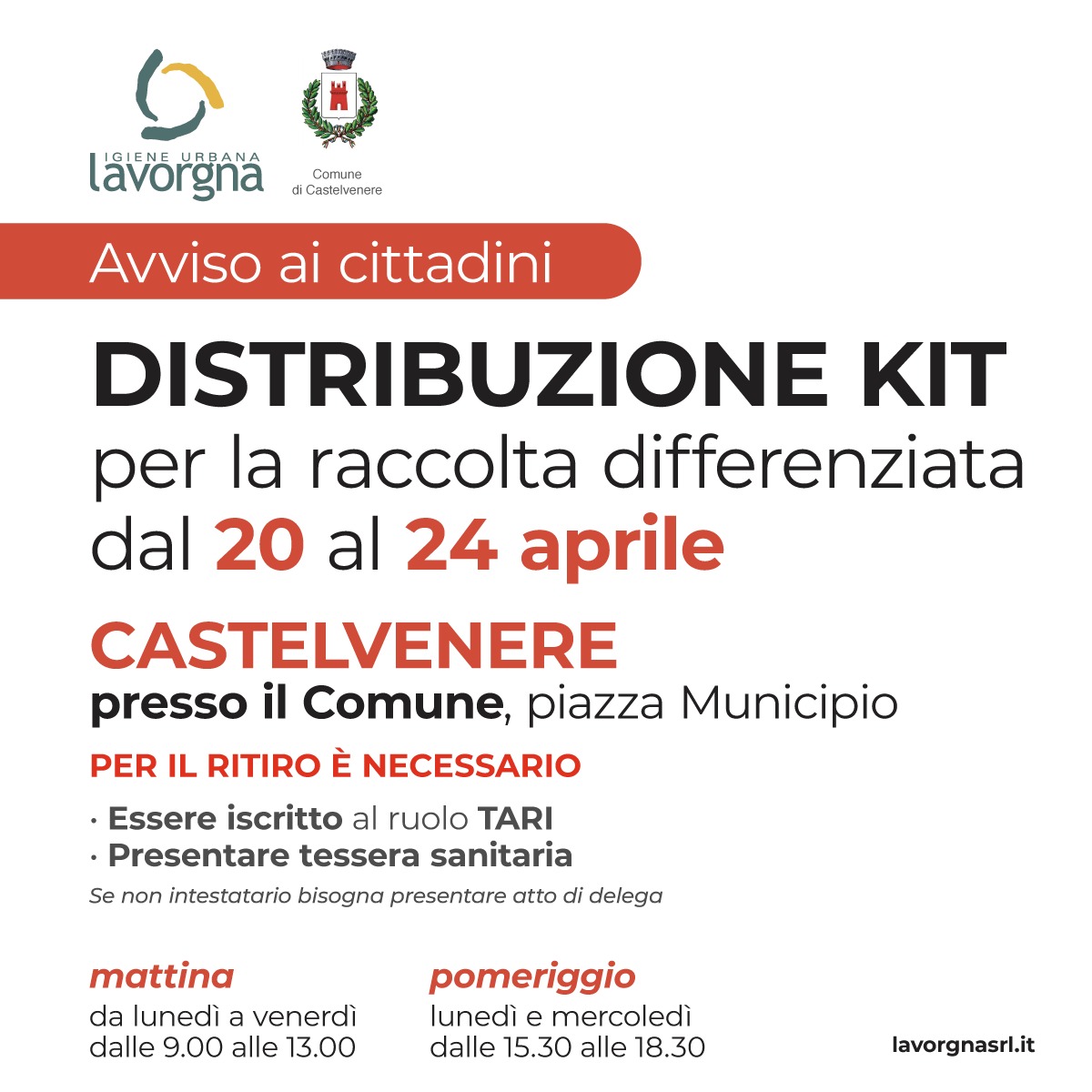 [CASTELVENERE] Distribuzione kit per la raccolta differenziata – Aprile 2026