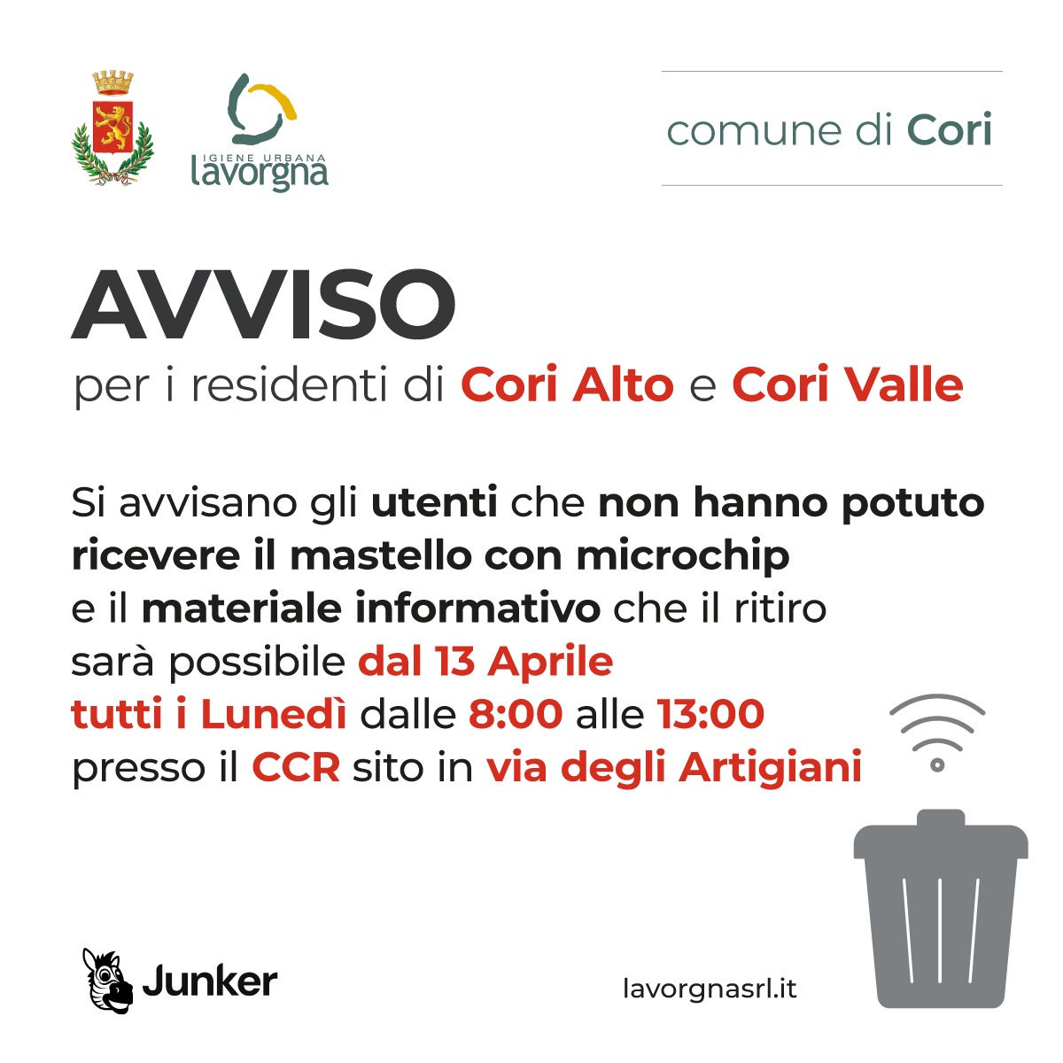 [CORI] Avviso per ricevere il mastello con microchip