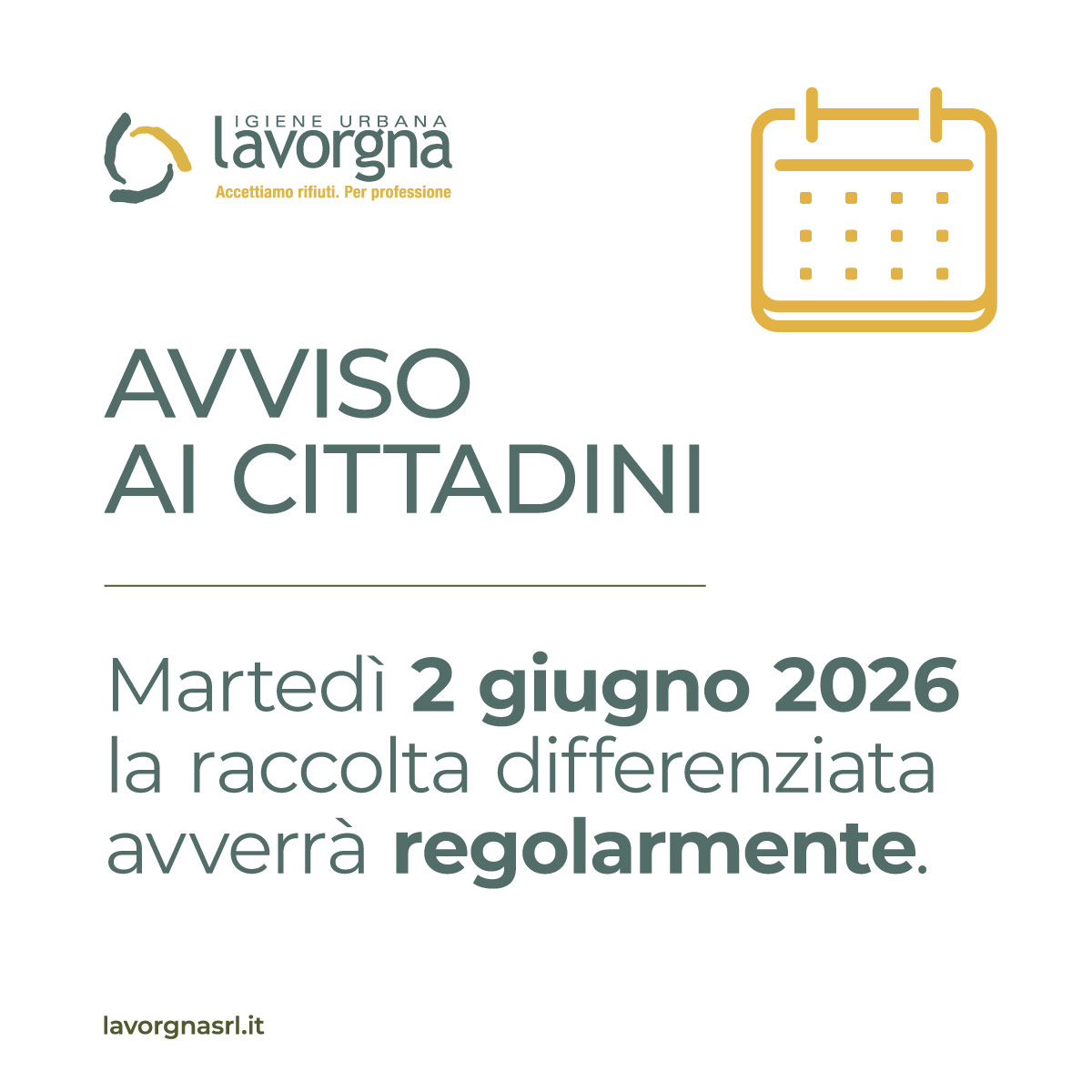 [AVVISO] La raccolta differenziata del 2 giugno 2026 avverrà REGOLARMENTE
