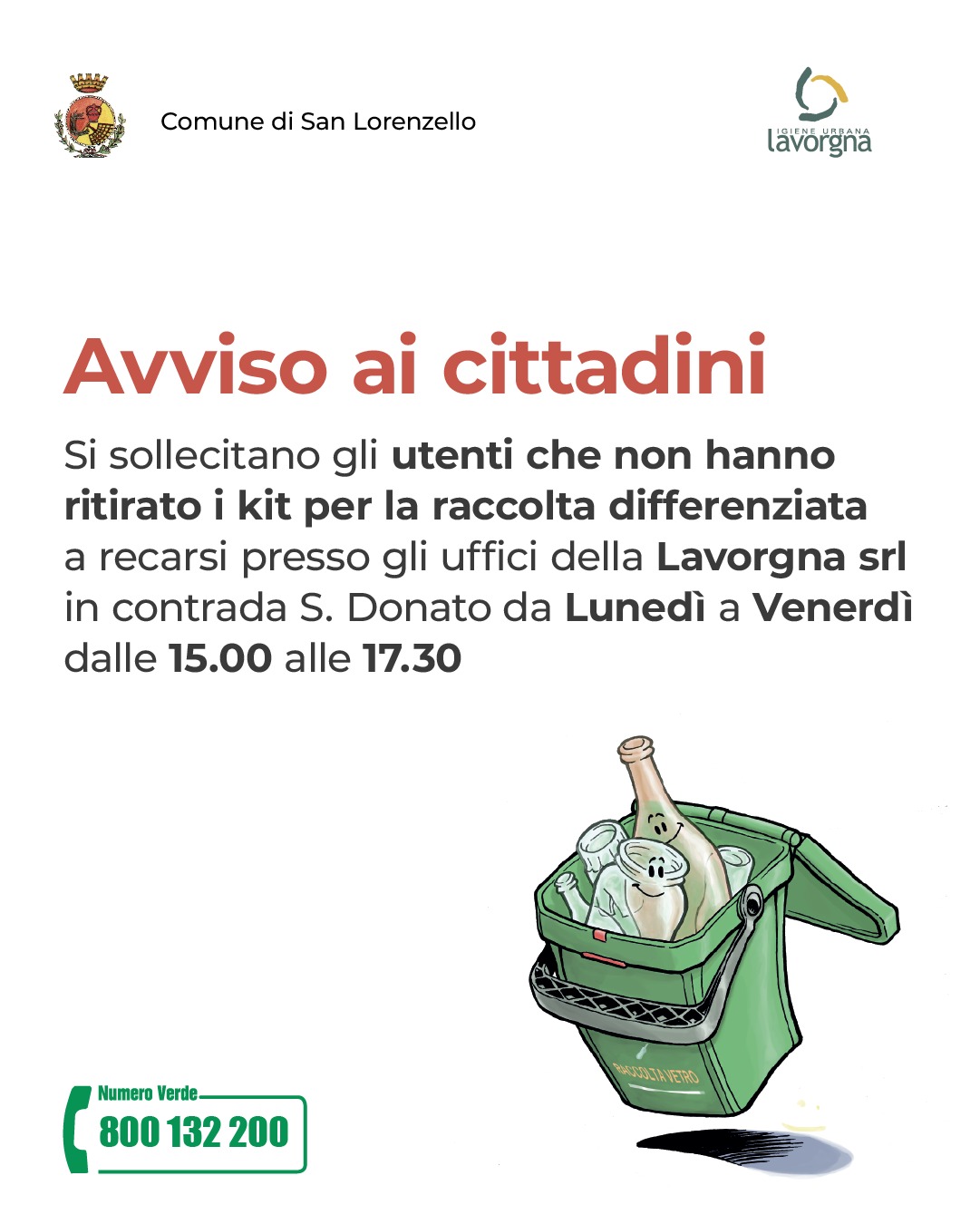 [SAN LORENZELLO] Avviso di ritiro dei kit per la raccolta differenziata