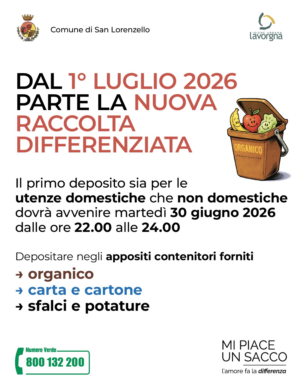 [SAN LORENZELLO] Dal 1° luglio partirà la nuova raccolta differenziata