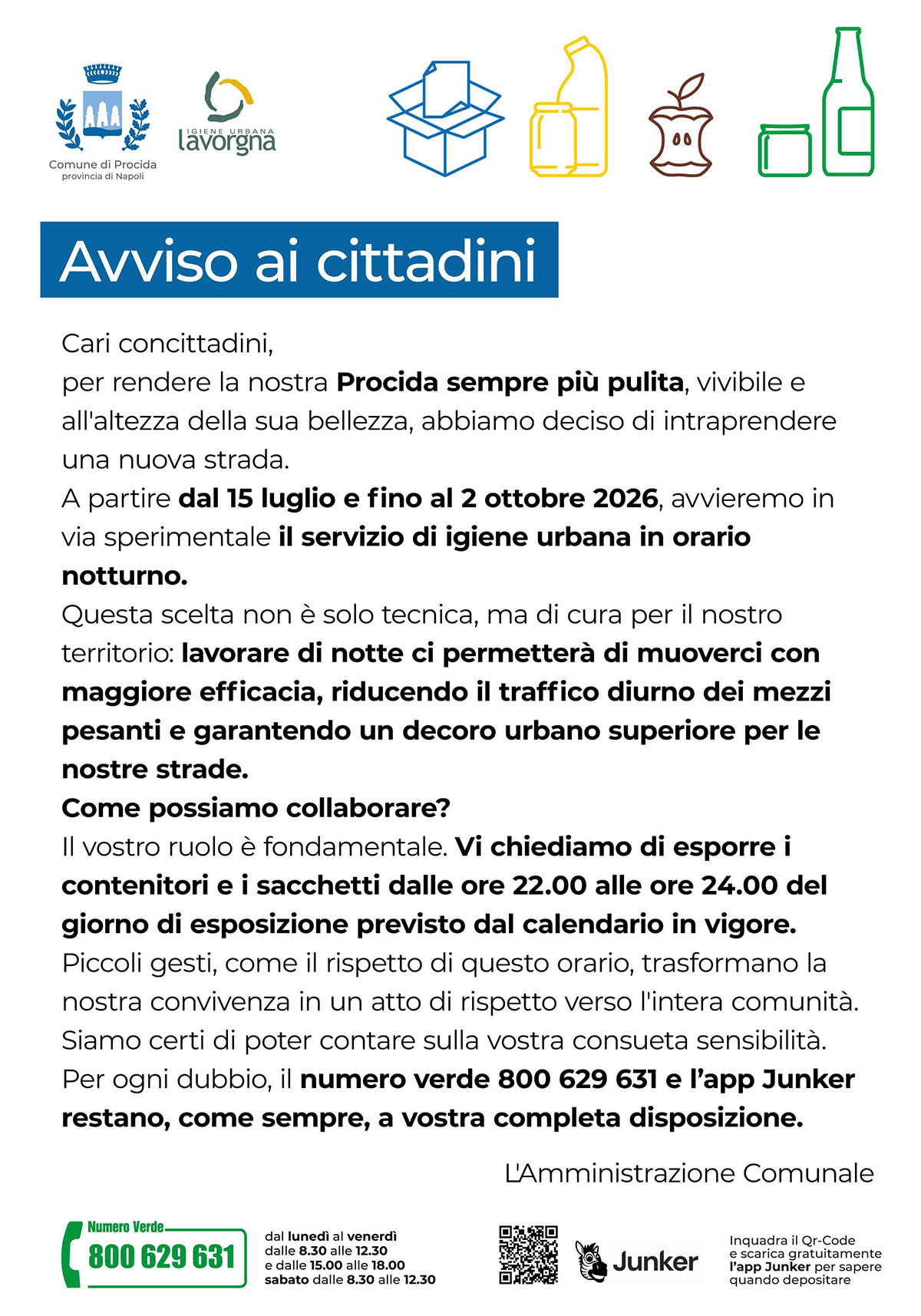 [PROCIDA] Dal 15 luglio 2026 al via il servizio di igiene urbana in orario notturno