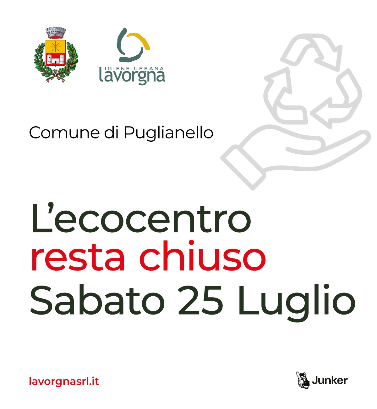 [PUGLIANELLO] Chiusura ecocentro sabato 25 luglio 2026
