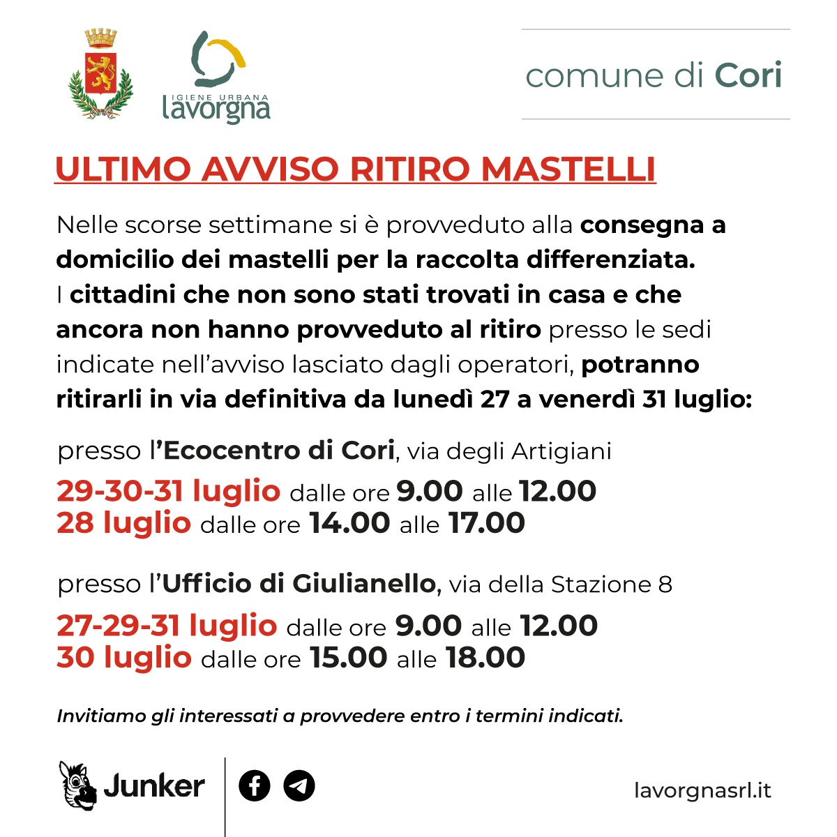 [CORI] Ultimo avviso di ritiro dei mastelli