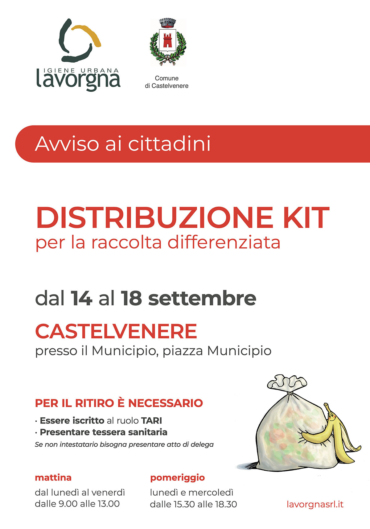 [CASTELVENERE] Distribuzione kit per la raccolta differenziata – Settembre 2026